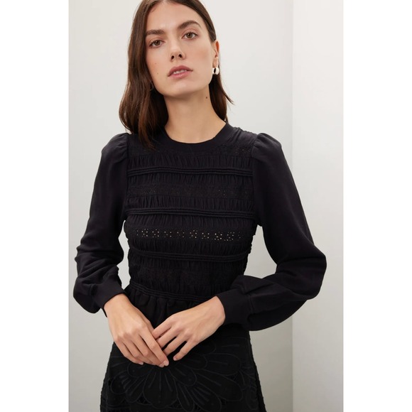 Sea New York Rita Smocked Top Black Jersey Peplum Long Sleeve Pullover Sz M - Picture 1 of 12